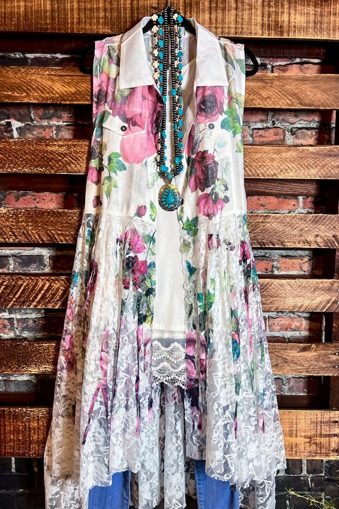 A LOVE THAT WILL LAST FOREVER FLORAL LACE LONG VEST