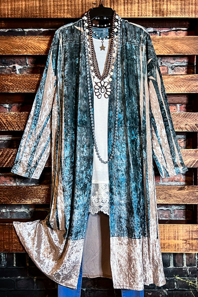 JOY OF BEAUTY STUNNING VELVET JACKET OVERSIZED IN BLUE DENIM