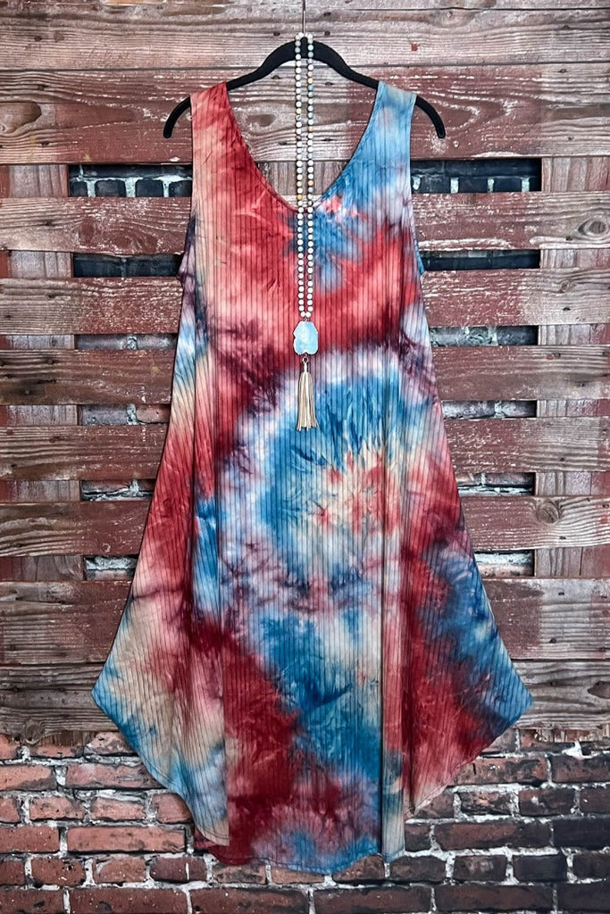 EASY BREEZY TEAL & RUST TIE DYE MIDI DRESS