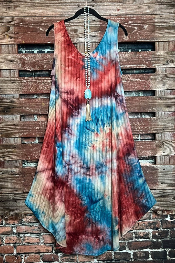 EASY BREEZY TEAL & RUST TIE DYE MIDI DRESS