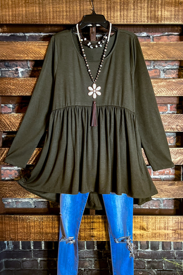 JUST THE SIMPLE THINGS BABYDOLL TOP IN DARK OLIVE