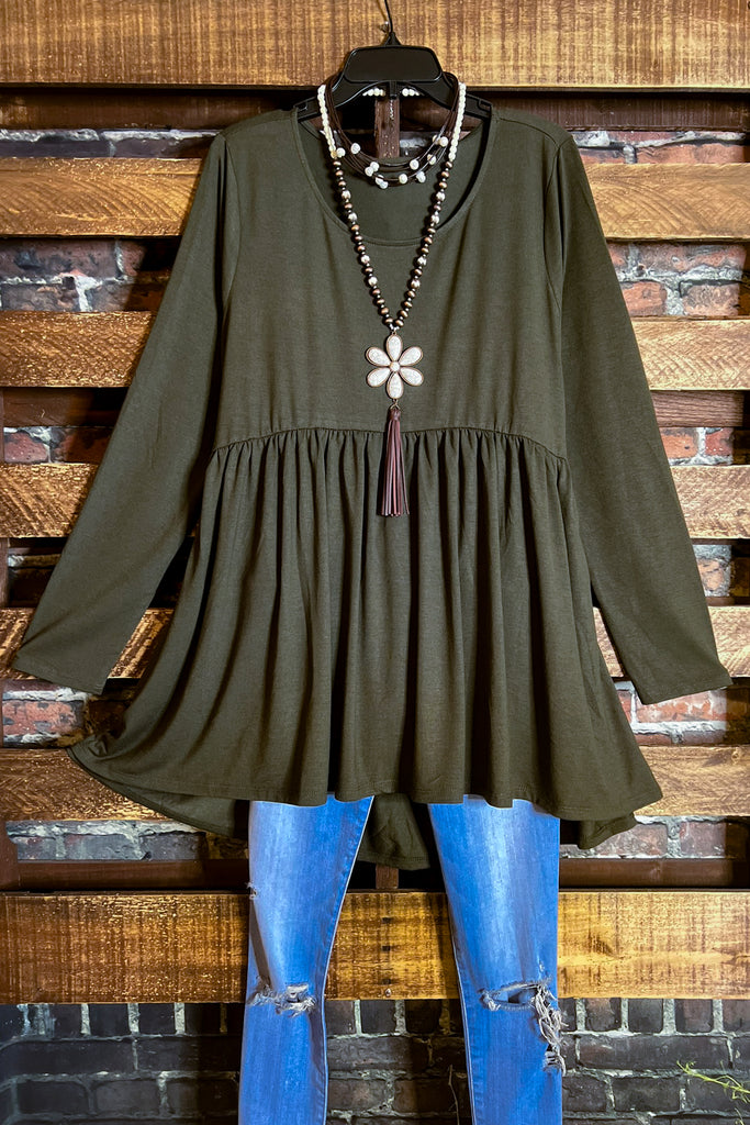 JUST THE SIMPLE THINGS BABYDOLL TOP IN DARK OLIVE