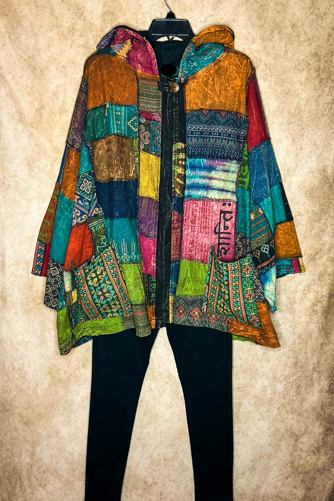 Light Spirit Patchwork Swing Hooded Kimono Jacket in Multi-Color