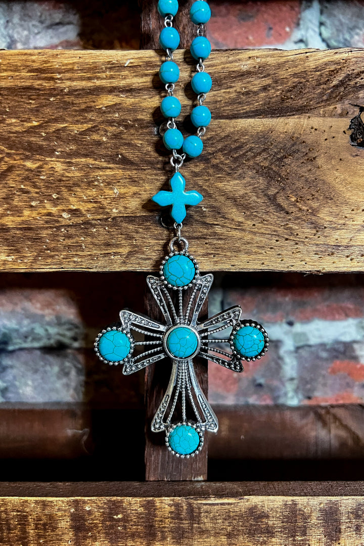 IT'S SO MYSTICAL VICTORIAN CROSS NECKLACE IN TURQUOISE
