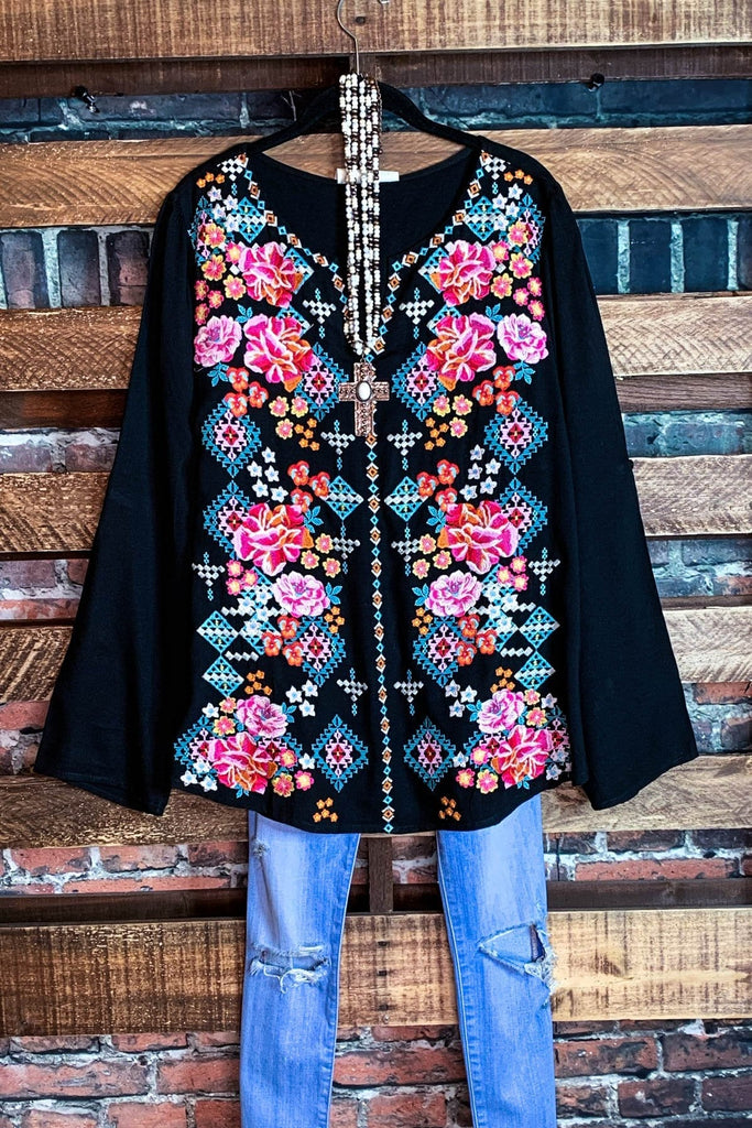 POWER OF LOVE EMBROIDERED BLOUSE IN BLACK