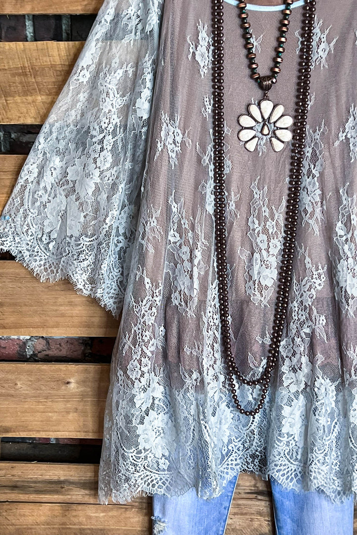 Made You Look Lace Sheer Tunic in Pale Blue