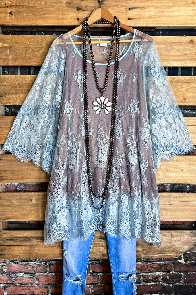Made You Look Lace Sheer Tunic in Pale Blue