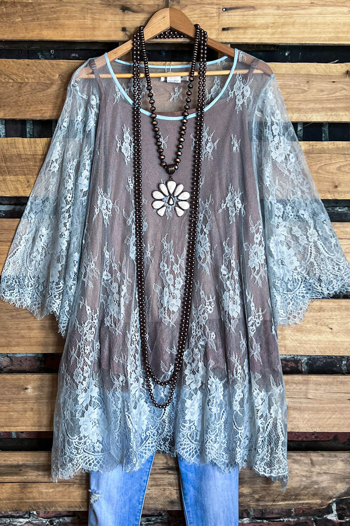 Made You Look Lace Sheer Tunic in Pale Blue