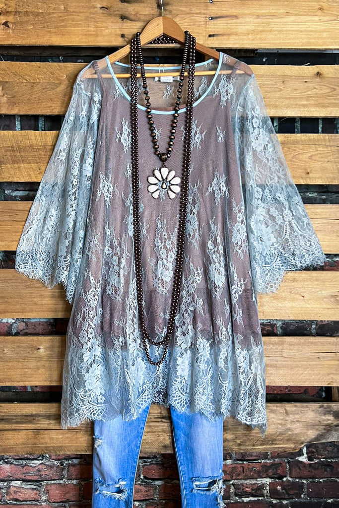 Made You Look Lace Sheer Tunic in Pale Blue