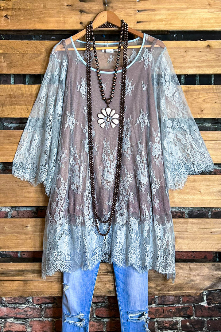 Made You Look Lace Sheer Tunic in Pale Blue