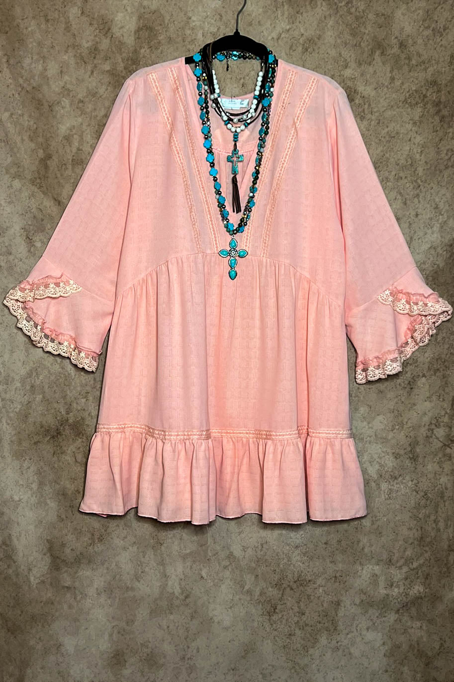 CORAL PEACH LACE TRIM DRESS TUNIC-------SALE