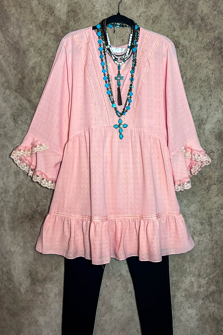 CORAL PEACH LACE TRIM DRESS TUNIC-------SALE