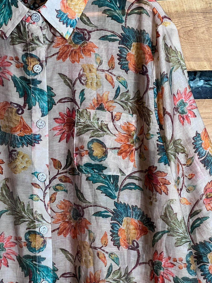 TROPICAL SUNRISE GARDEN FAB SHIRT IN TAUPE & MULTI-COLOR