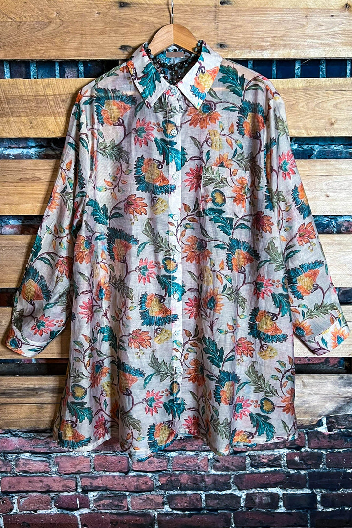 TROPICAL SUNRISE GARDEN FAB SHIRT IN TAUPE & MULTI-COLOR