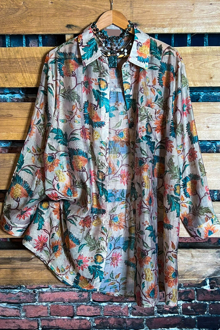 TROPICAL SUNRISE GARDEN FAB SHIRT IN TAUPE & MULTI-COLOR