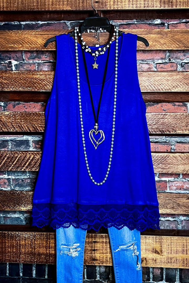 SWEETER THAN HONEY ROYAL BLUE LACE SLIP DRESS EXTENDER TOP