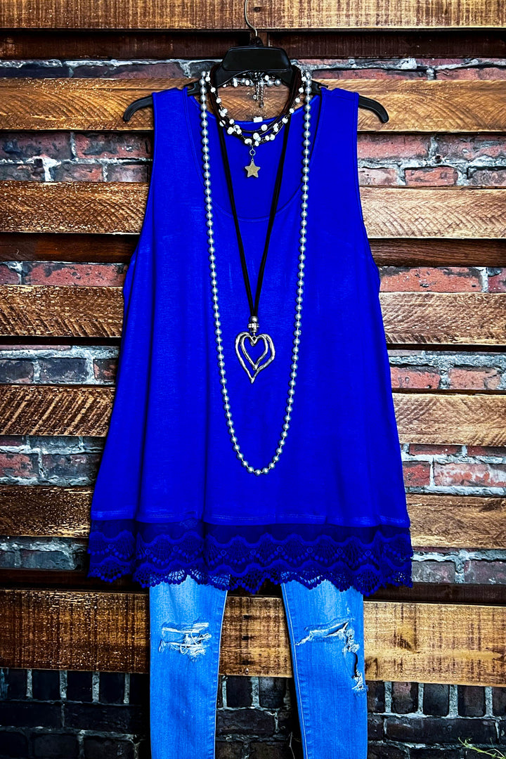 SWEETER THAN HONEY ROYAL BLUE LACE SLIP DRESS EXTENDER TOP