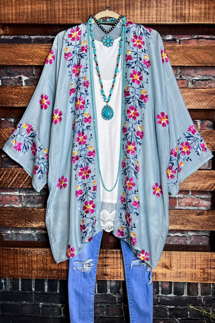IT'S LOVE AT FIRST SIGHT SAGE FLORAL EMBROIDERED KIMONO