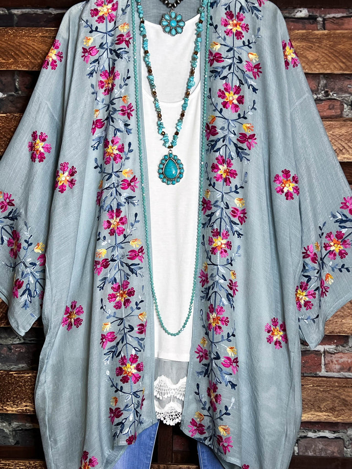 IT'S LOVE AT FIRST SIGHT SAGE FLORAL EMBROIDERED KIMONO