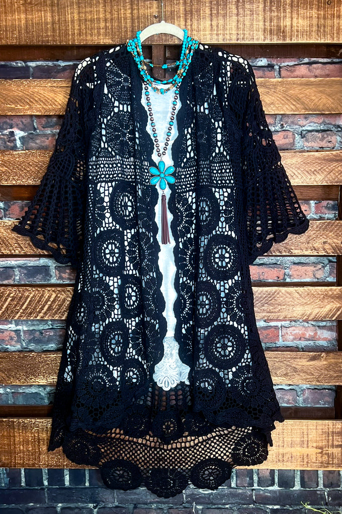MADE TO PERFECTION CROCHET CARDIGAN IN BLACK