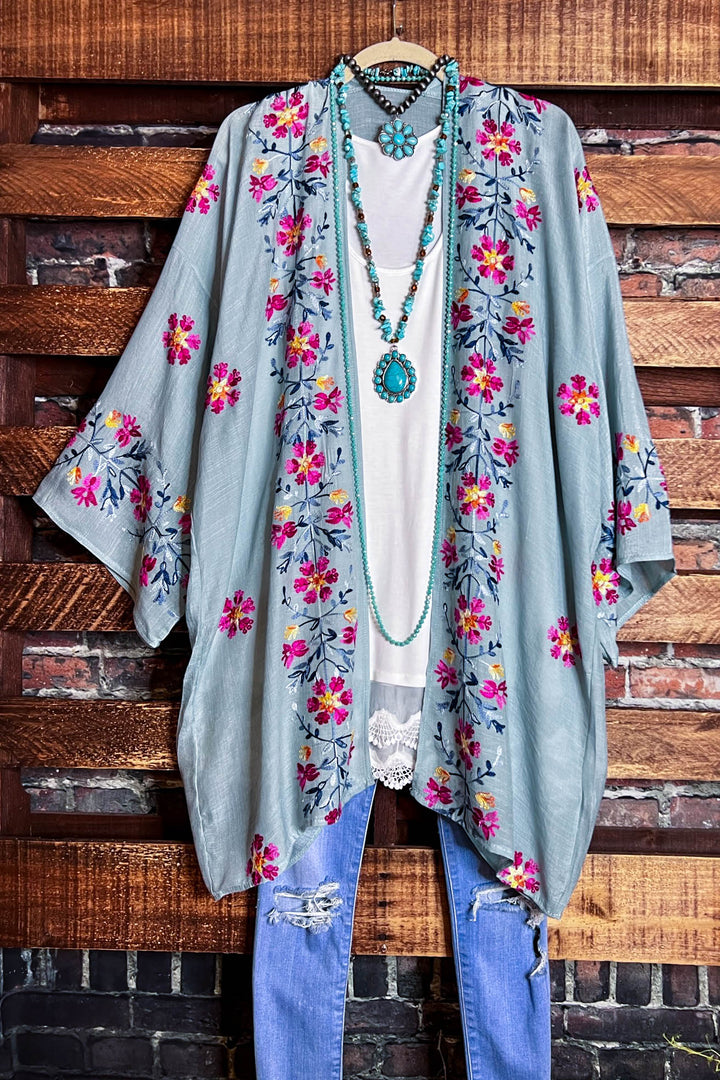 IT'S LOVE AT FIRST SIGHT SAGE FLORAL EMBROIDERED KIMONO