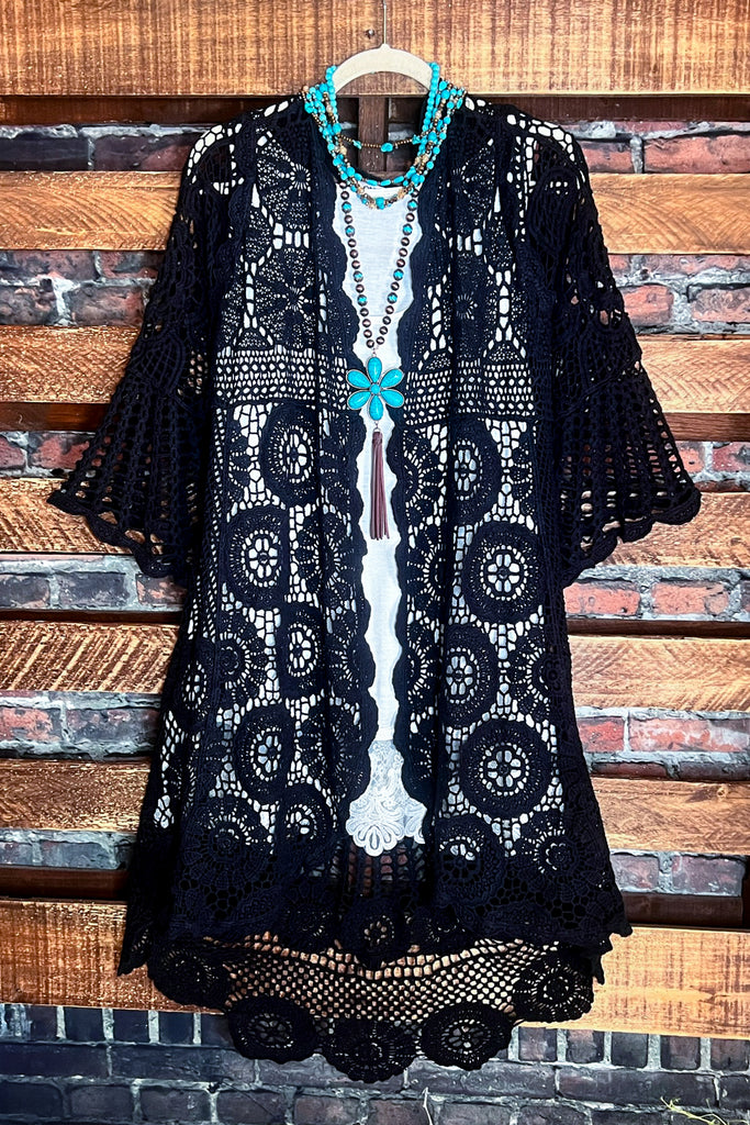MADE TO PERFECTION CROCHET CARDIGAN IN BLACK