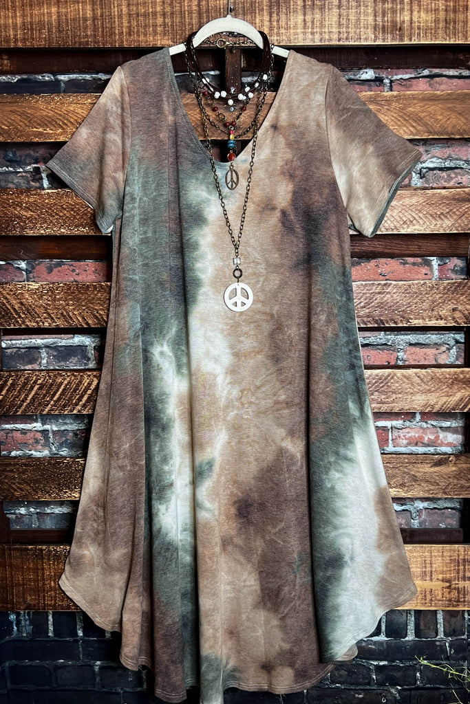 Matching The Vibe Peace & Love Tie Dye Midi Dress In Olive & Multi-Color
