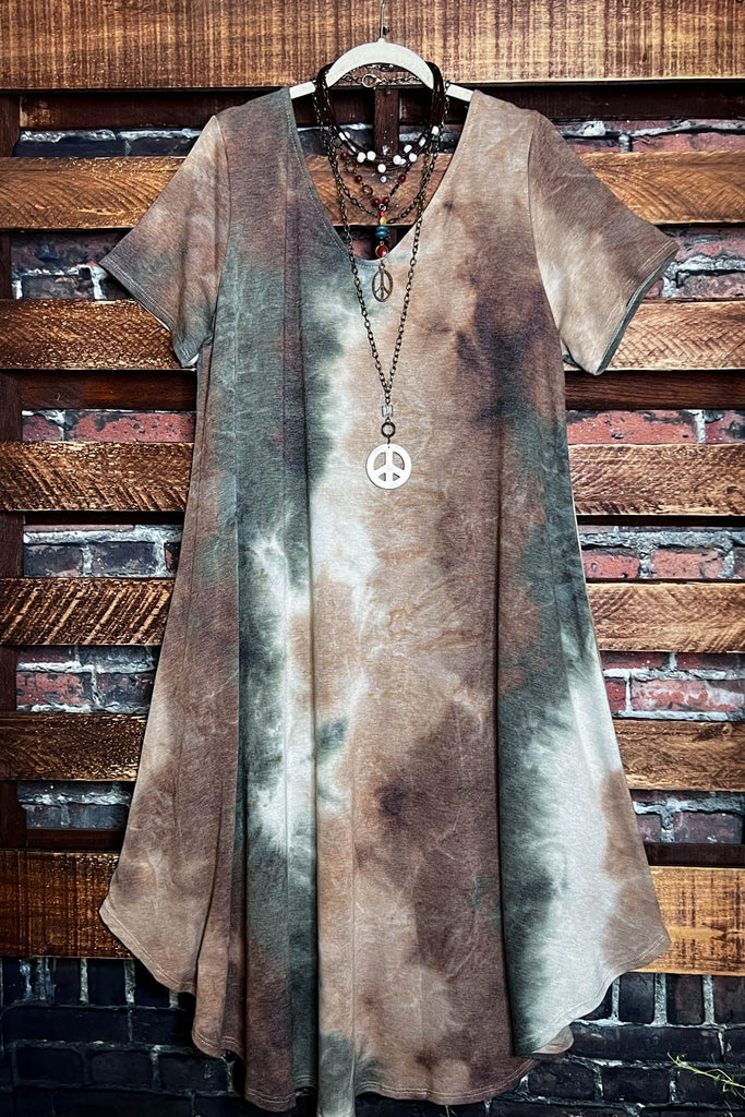 Matching The Vibe Peace & Love Tie Dye Midi Dress In Olive & Multi-Color
