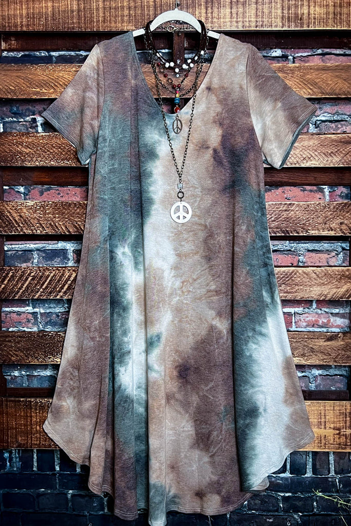 Matching The Vibe Peace & Love Tie Dye Midi Dress In Olive & Multi-Color