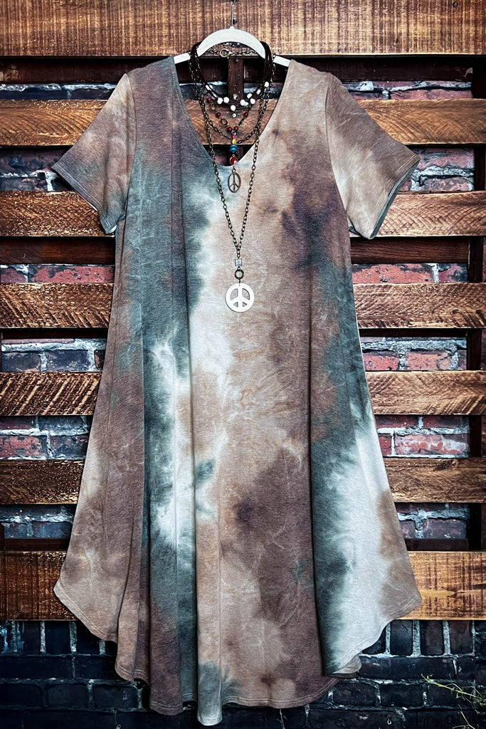 Matching The Vibe Peace & Love Tie Dye Midi Dress In Olive & Multi-Color
