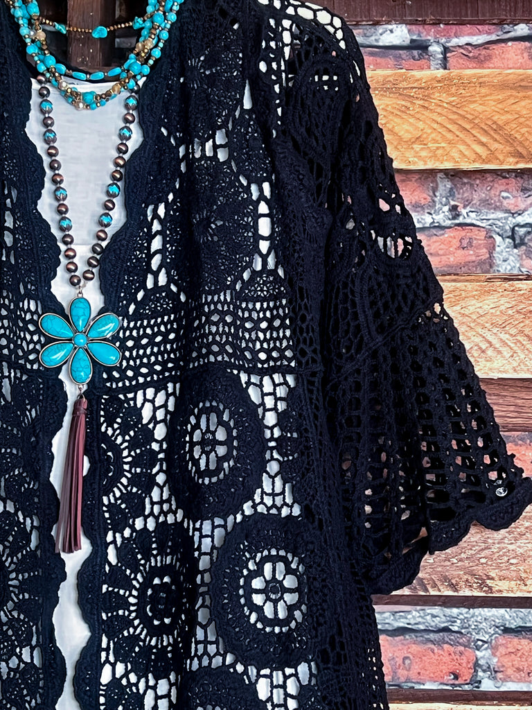 MADE TO PERFECTION CROCHET CARDIGAN IN BLACK