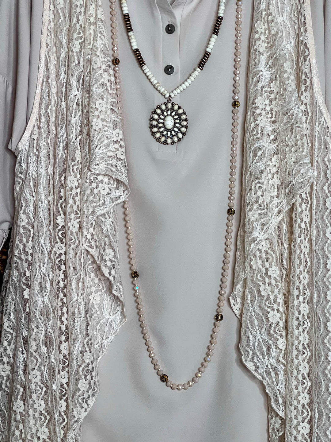 D'AMORE DREAM LACE ASYMMETRIC VEST IN BEIGE