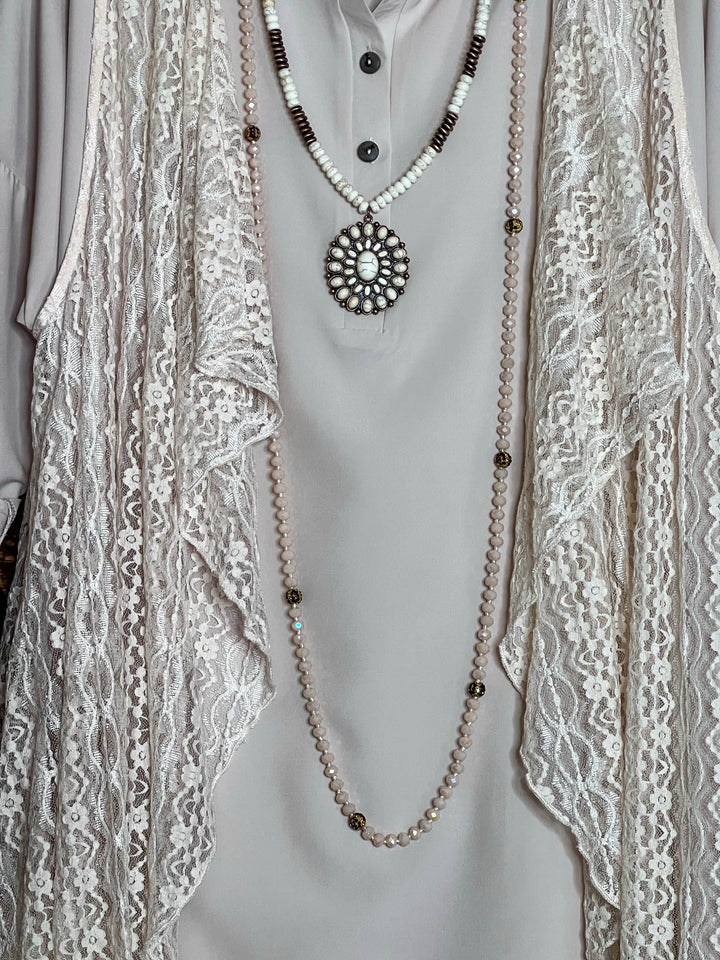 D'AMORE DREAM LACE ASYMMETRIC VEST IN BEIGE