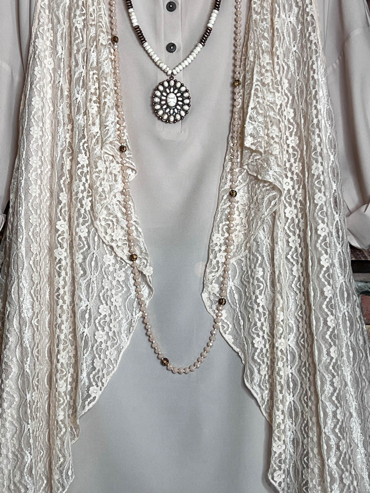 D'AMORE DREAM LACE ASYMMETRIC VEST IN BEIGE