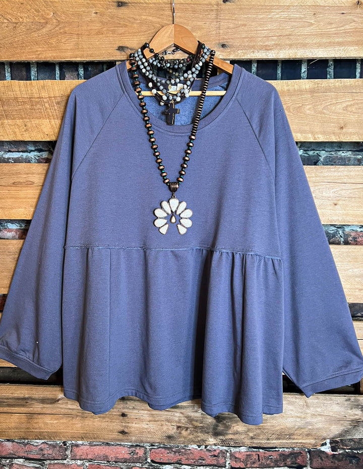 UPTOWN COMFY & CASUAL BABYDOLL TOP IN CHARCOAL GRAY