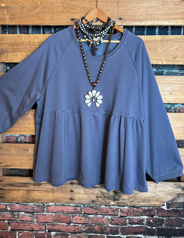 UPTOWN COMFY & CASUAL BABYDOLL TOP IN CHARCOAL GRAY