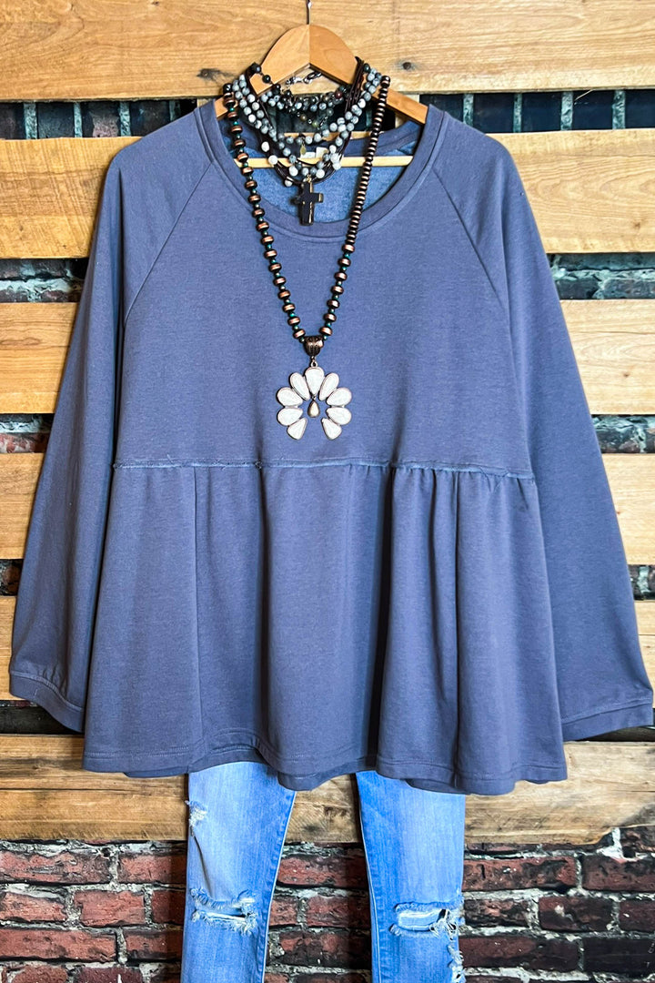 UPTOWN COMFY & CASUAL BABYDOLL TOP IN CHARCOAL GRAY