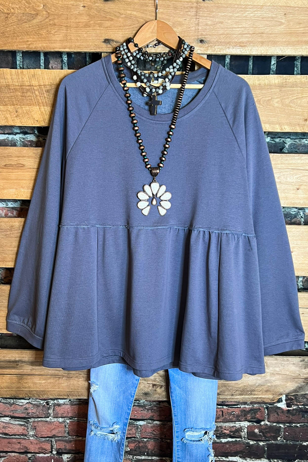 UPTOWN COMFY & CASUAL BABYDOLL TOP IN CHARCOAL GRAY