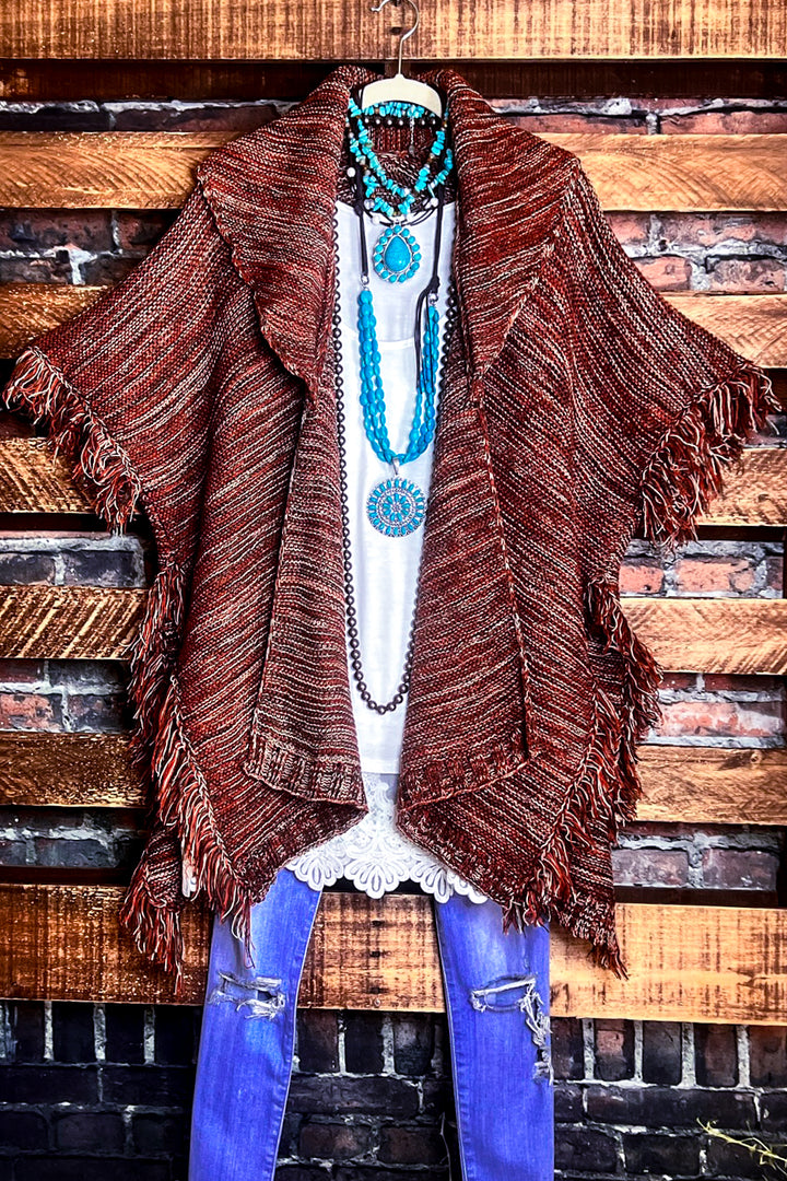 RUSTIC BEAUTY COZY UP SWEATER CARDIGAN IN BROWN RUST