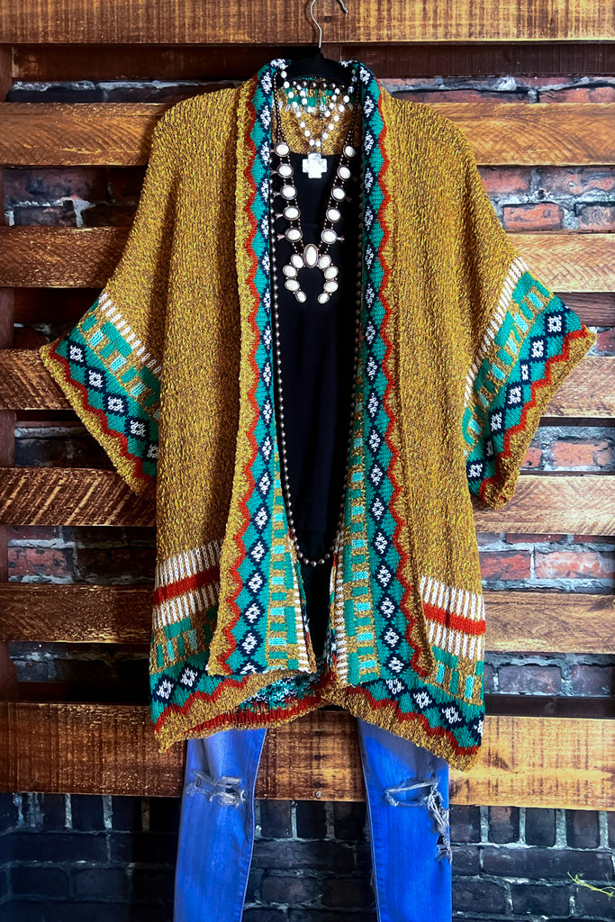 CANYON SOUL CARDIGAN SWEATER KIMONO IN MUSTARD MULTI-COLOR