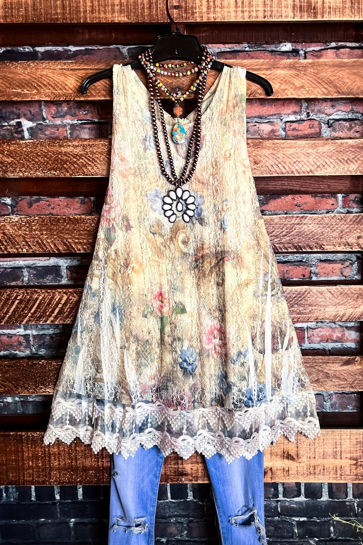 LOVELY ENCHANTMENT LACE LAYERING DRESS IN FLORAL MULTI-COLOR
