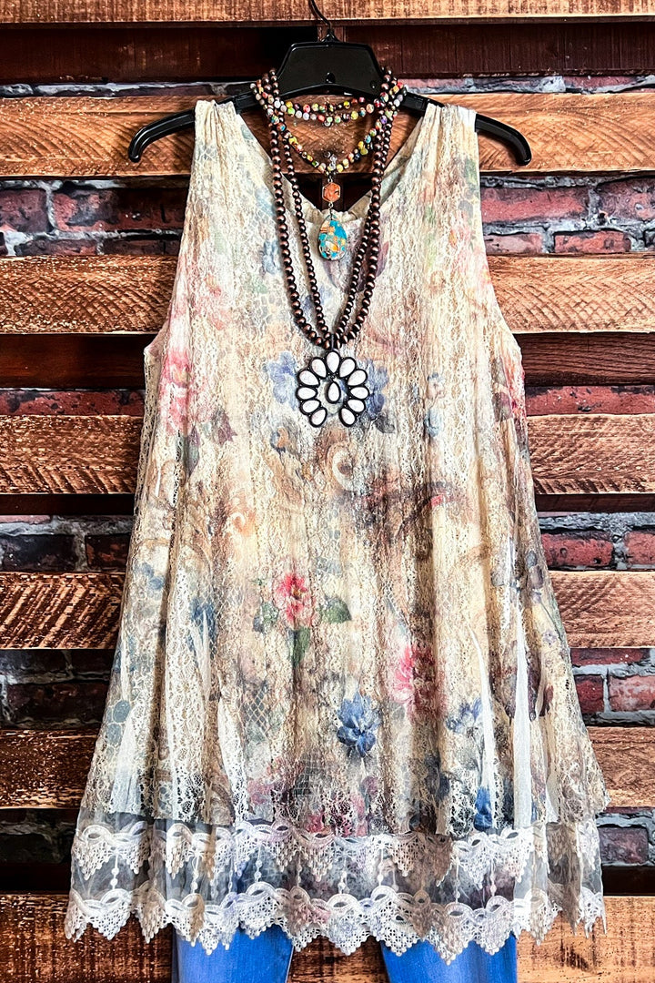 LOVELY ENCHANTMENT LACE LAYERING DRESS IN FLORAL MULTI-COLOR