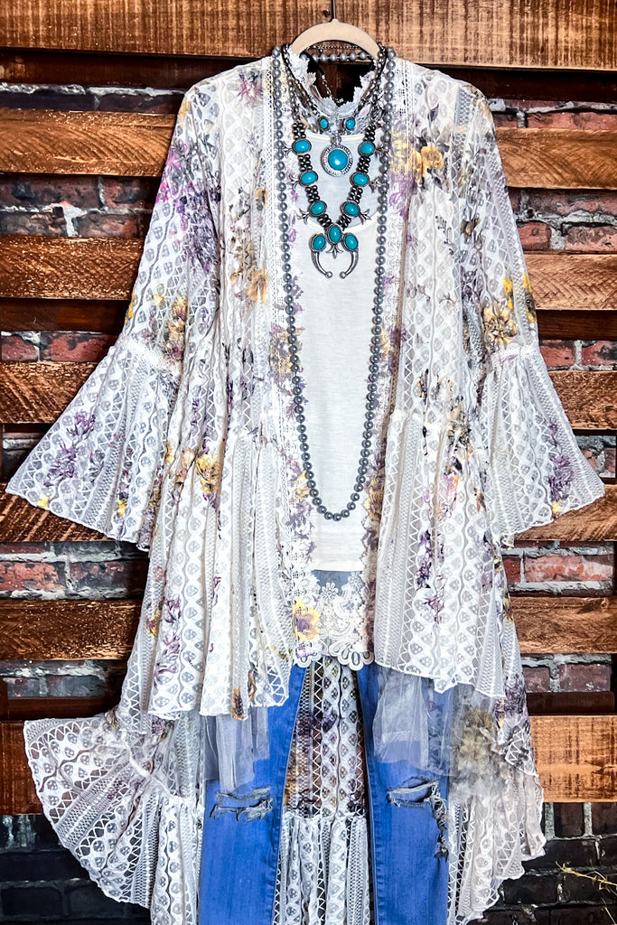 WILDFLOWER LACE  DUSTER CARDIGAN IN IVORY & MULTI-COLOR