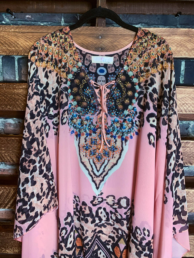 AS CHARMING AS EVER ANIMAL PRINT & CRYSTAL STYLISH TUNIC IN PINK PEACH & MULTI