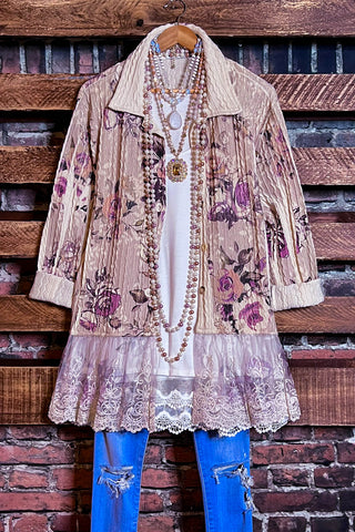 A LITTLE ENCHANTMENT ROSES LAYERED SLIP DRESS TUNIC IN  BEIGE & FLORAL