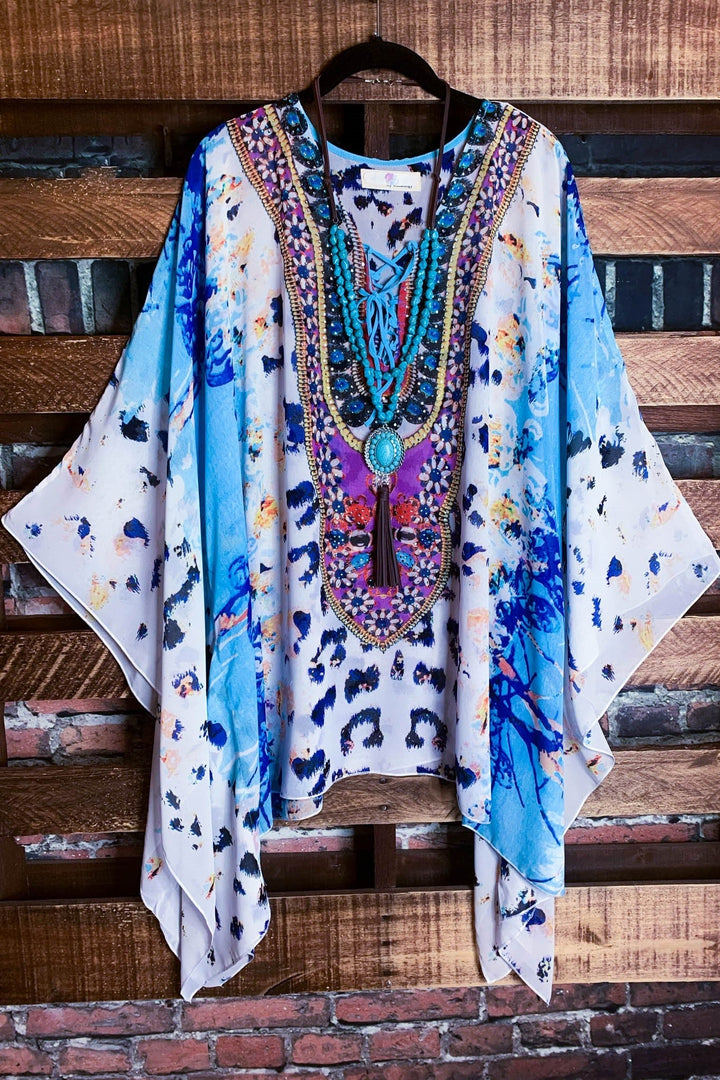 AS CHARMING AS EVER ANIMAL PRINT & CRYSTAL STYLISH TUNIC IN AQUA BLUE