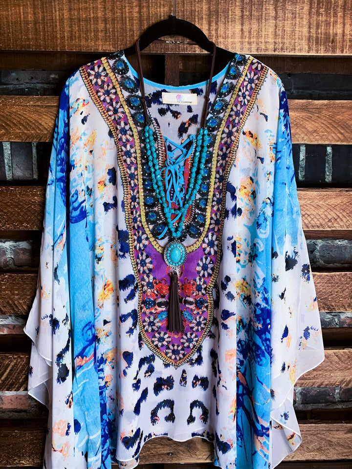 AS CHARMING AS EVER ANIMAL PRINT & CRYSTAL STYLISH TUNIC IN AQUA BLUE