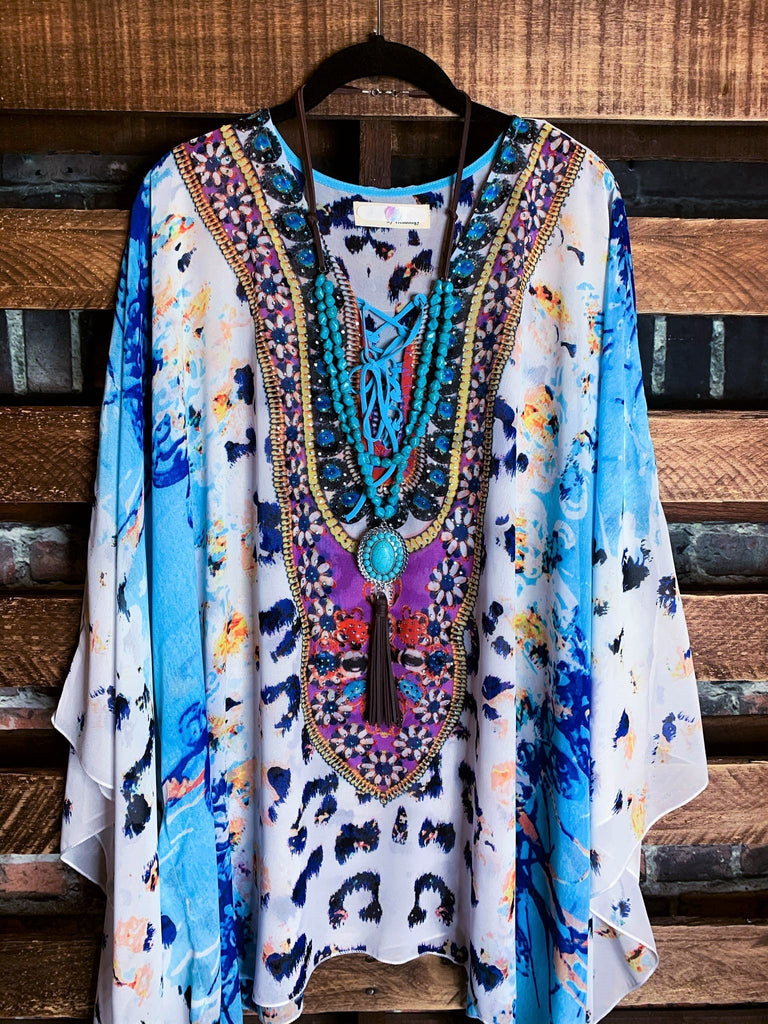 AS CHARMING AS EVER ANIMAL PRINT & CRYSTAL STYLISH TUNIC IN TURQUOISE