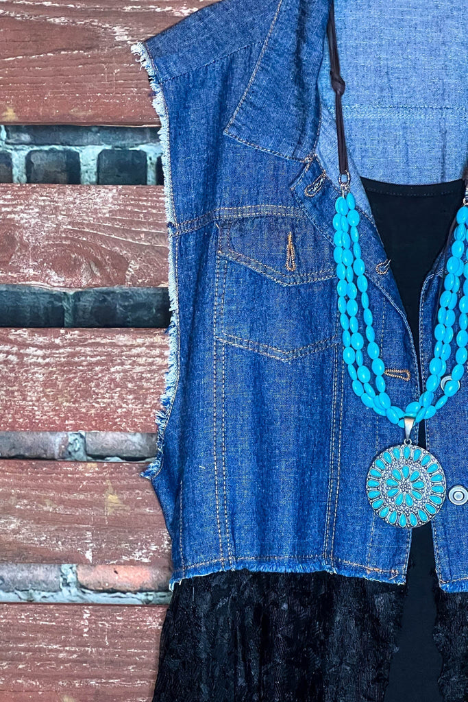 NEVER OUT OF STYLE BLUE DENIM & BLACK LACE LONG VEST