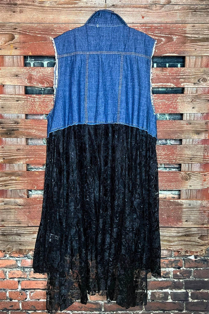 NEVER OUT OF STYLE BLUE DENIM & BLACK LACE LONG VEST